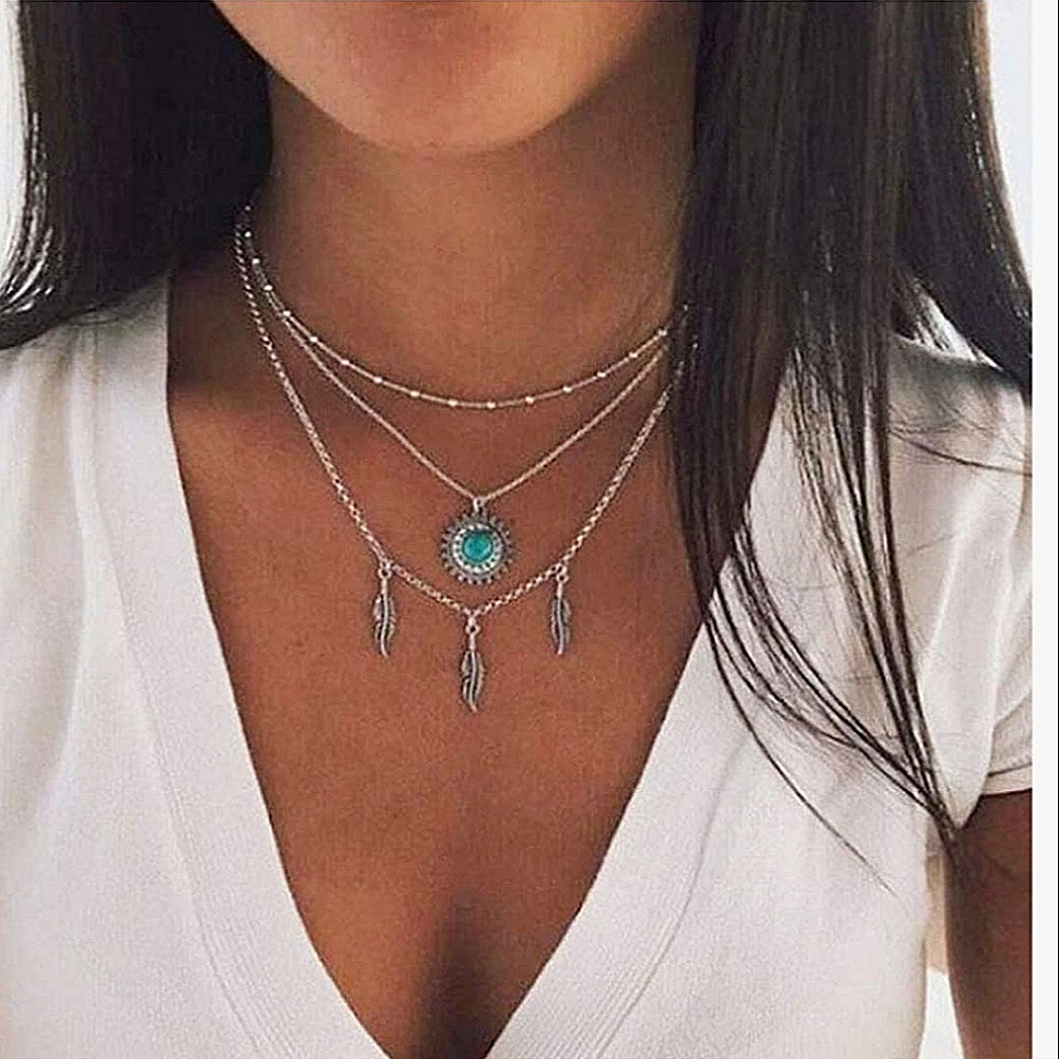 Boho Chic Triple Layer Faux Turquoise Cz Feather Charm Necklace